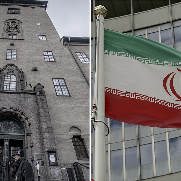 Bild på Stockholms tingsrätt och bild på Irans flagga.