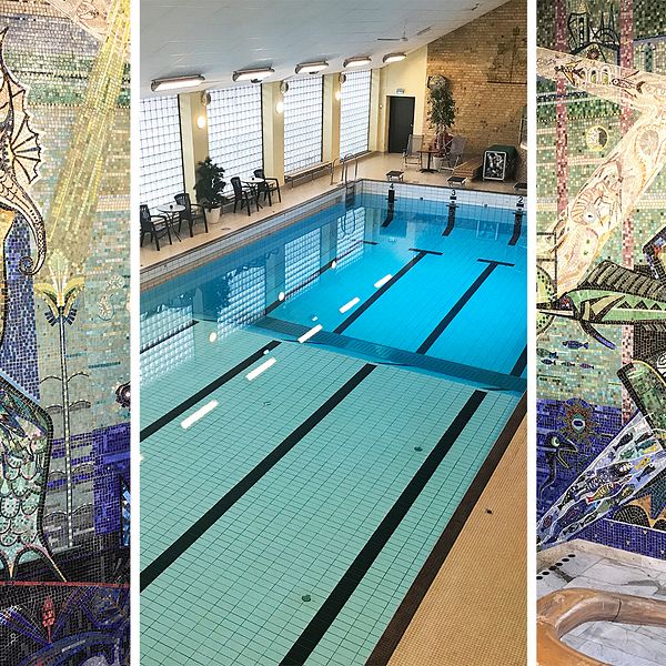 Collage i tre delar med muralkonst och en bild på simbassängen i Hudiksvalls badhus.