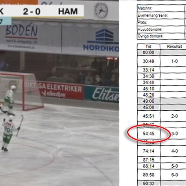 Till vänster syns tv-bild från när Västerås gör 3-0 – till höger matchprotokollet.