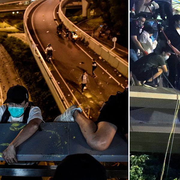 Demonstranterna försöker fly det omringade universitetsområdet genom att hala sig ner från en bro, enligt AP.