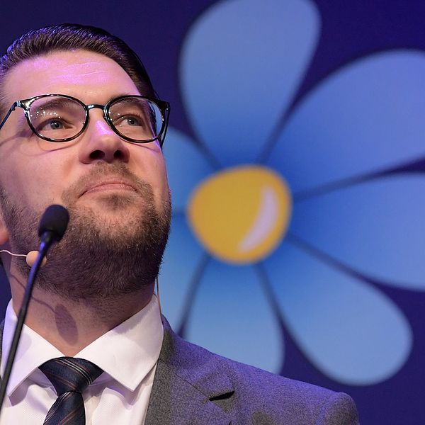 Jimmie Åkesson håller tal på Sverigedemokraternas landsdagar i Örebro efter att han blivit omvald som partiordförande.