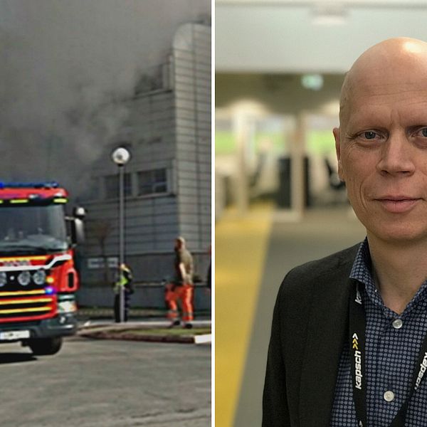 Mattias Larsson, vd på Kapsch och bild från branden i april 2017