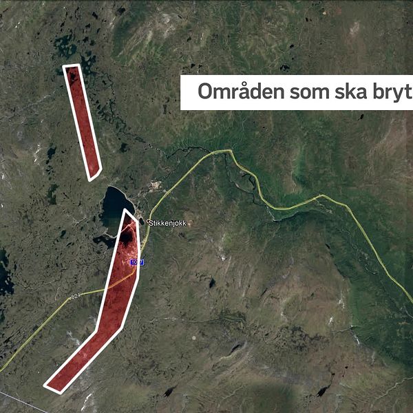 Karta med röda områden markerade. Områdena vill ett gruvbolag starta brytning i.