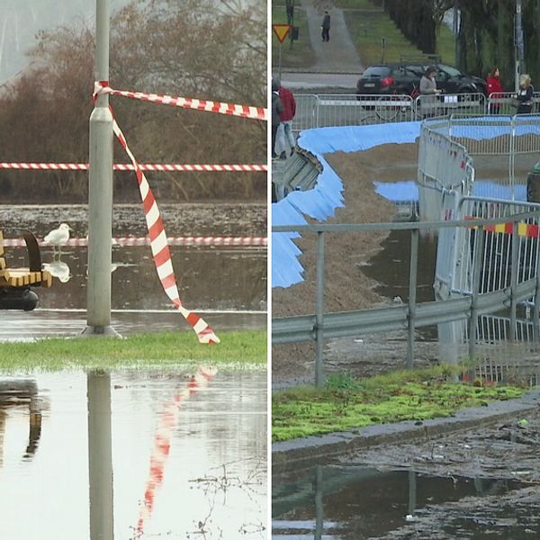 Två bilder. Bild ett: Bänk bredvid lyktstolpe i översvämmad park, med avspärrningsband. Bild två: barriär mot översvämmning.