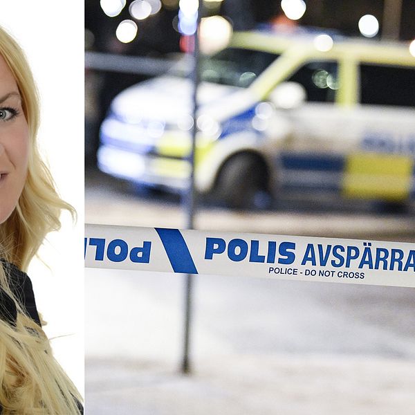 En delad bild med forskaren Malin Wieslander till vänster och en polisavspärrning till höger.