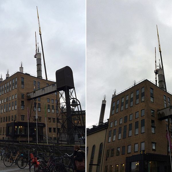 Världens största adventsljusstake monteras på Värmekyrkan i Norrköping.