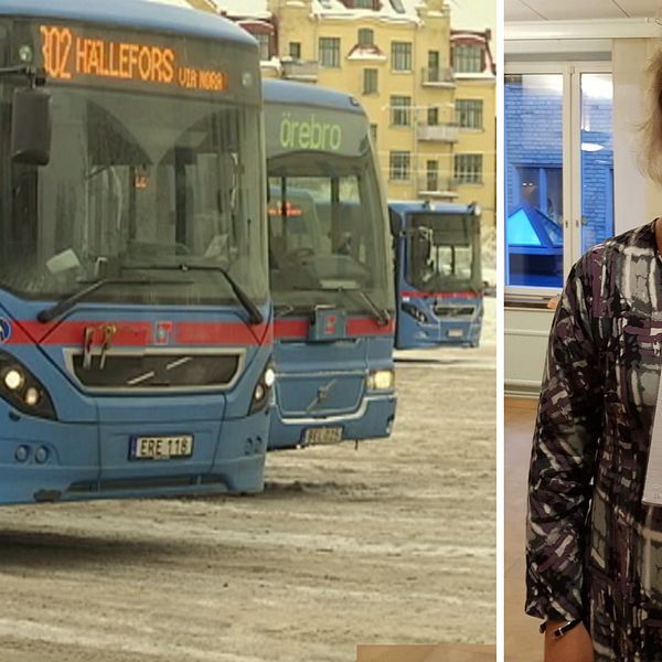 Flera blå bussar, bl.a. med skylt ”Hällefors” * Regionråd Nina Höijer (S) med en lista namnunderskrifter mot nedläggning av busslinjer.