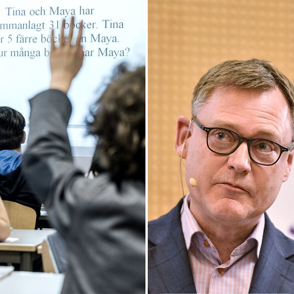 Barn i ett klassrum med uppsträckta händer (till vänster). Skolverkets generaldirektör Peter Fredriksson (till höger)