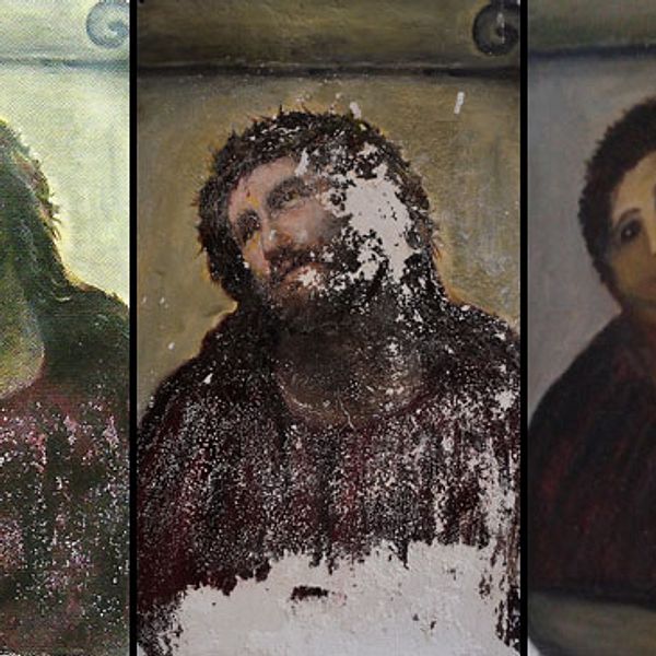 Såhär såg Elías García Martínez väggmålning ”Ecce Homo” ut år 2010, i juli 2012 och efter lokalbons ”restaurering”.