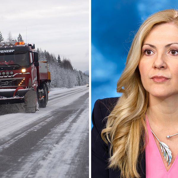 Plogbil röjer snö utanför Östersund samt bild på SVT:s meteorolog Deana Bajic.