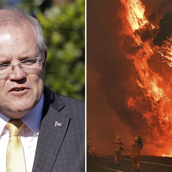 Australiens premiärminister Scott Morrison och en bild från en brand i den australiska delstaten New South Wales