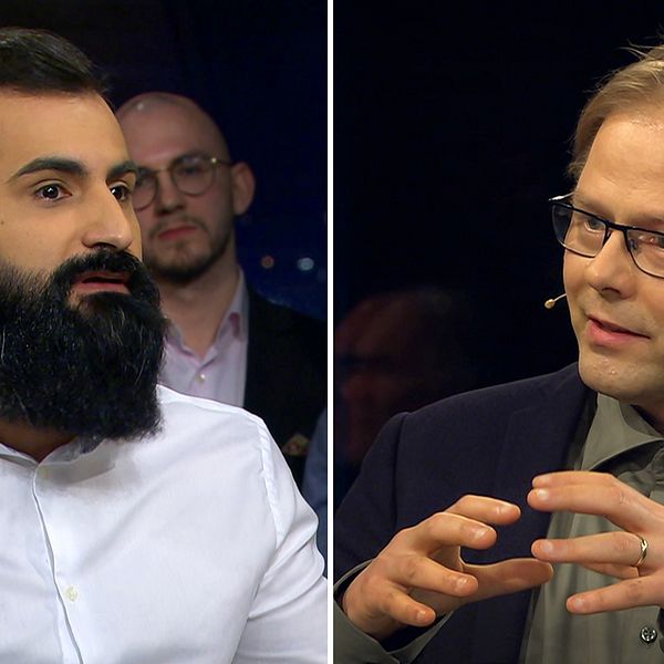 Ett foto på Hanif Bali, moderata riksdagsledamot, och ett foto Anders Lindberg, politisk chefredaktör på Aftonbladet.