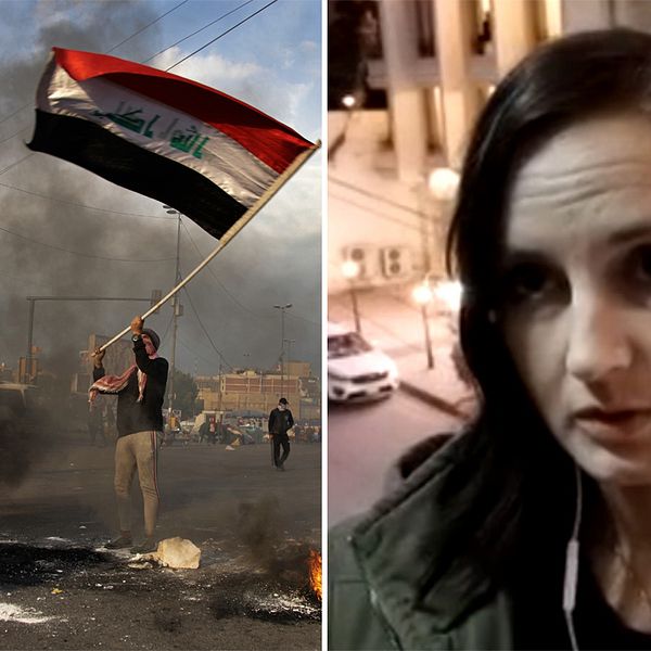 En bild från en demonstration i Irak och en bild på SVT:s reporter Lina Malers, som är på plats Bagdad.