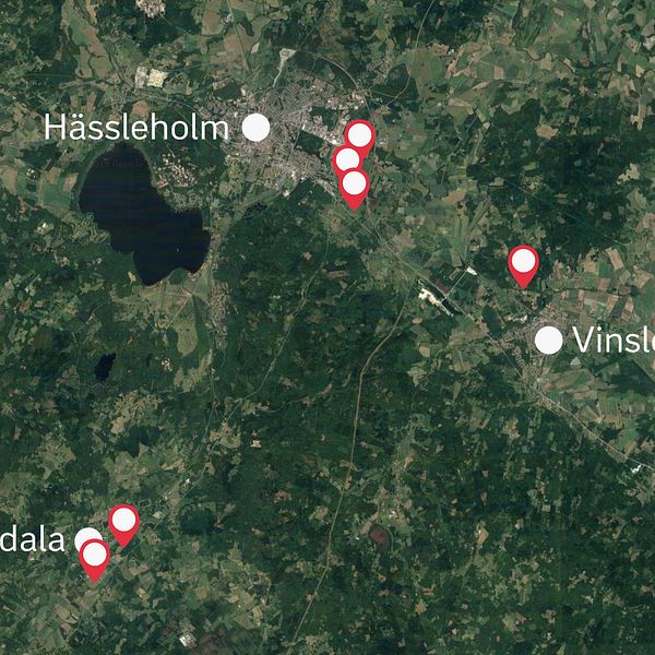 Flygbild över Hässleholm, Vinslöv och Sösadala med sex punkter.