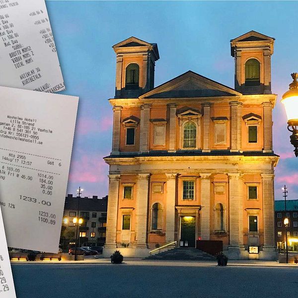 Tre kvitton på olika matbeställningar ligger på en bild med Fredrikskyrkan i kvällsljus.