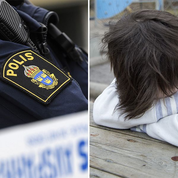 En bild på en axel tillhörande en polis och en bild på ett barn ser ledset ut.