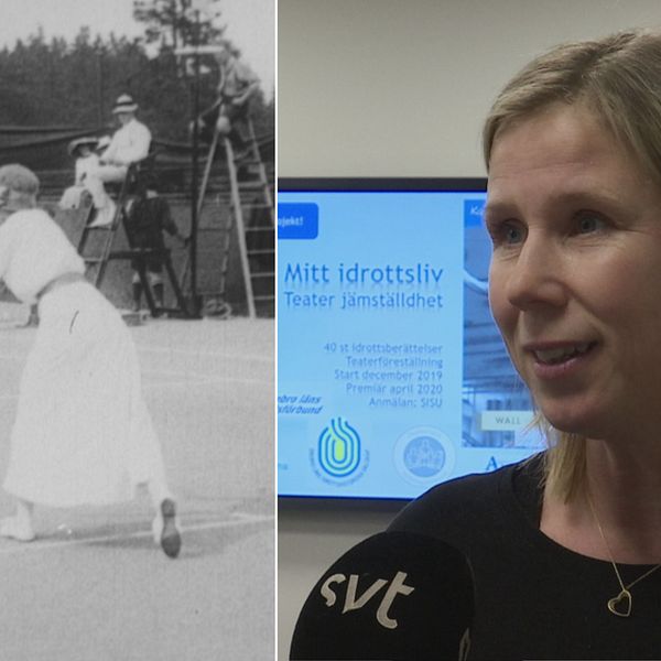 En kvinna iförd långklänning spelar tennis. En annan kvinna blir intervjuad av SVT:s reporter.
