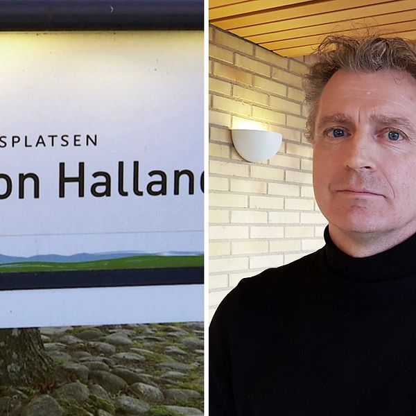 Ola Johansson,  biträdande hälso- och sjukvårdsdirektör, och en skylt där det står Region Halland, bästa livsplatsen.