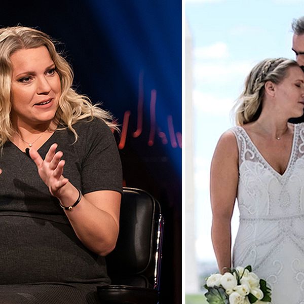 Sveriges Televisions tidigare utrikeskorrespondent Carina Bergfeldt träffade danske tv-journalisten Jesper Zølck, i Washington DC. Till vänster: Carina Bergfeldt i Skavlan. Till höger: Carina Bergfeldts bröllopsbild.