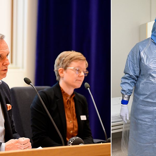 Mats Bojestig, hälso- och sjukvårdsdirektör och Malin Bengnér, smittskyddsläkare under fredagens pressträff. Samt anställd på Karolinska iförd skyddskläder.