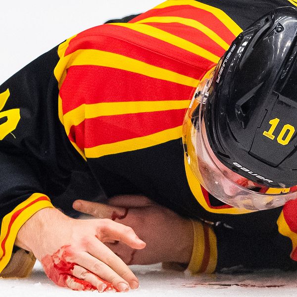 Brynäs Marcus Ersson blöder från ansiktet under ishockeymatchen i SHL mellan Brynäs och Djurgården den 1 februari 2020 i Gävle.