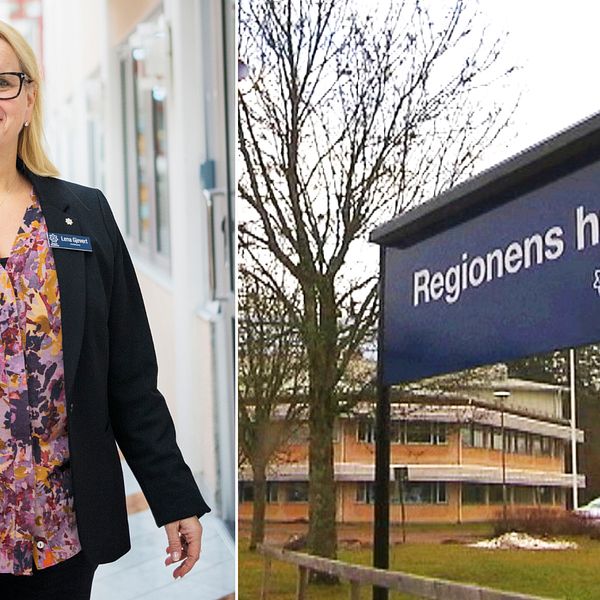 Delad bild: Lena Gjevert och skylt med texten ”regionens hus – Region Värmland”.