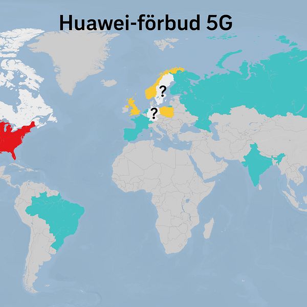 Karta som visar vilka länder som har förbjudit Huawei som 5G-leverantörer.