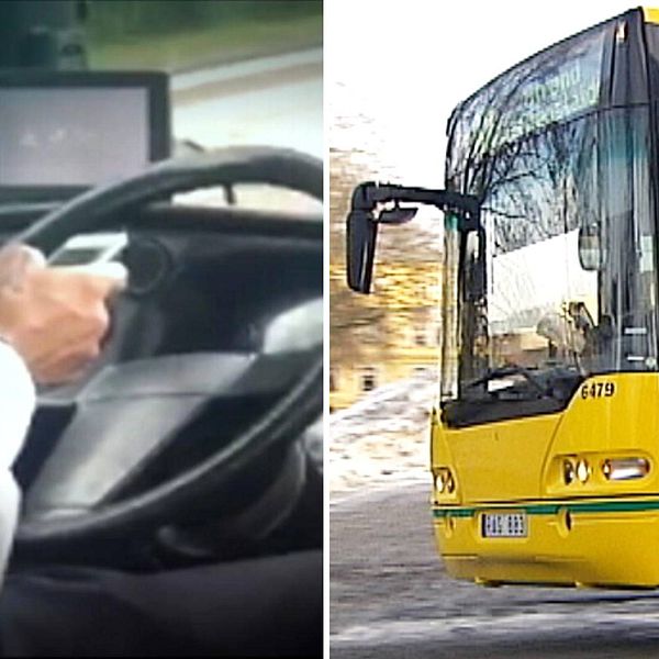 Montage. Busschaufför håller i en mobiltelefon i ena handen och en bussratt i den andra. Fronten på en gul värmlandstrafikbuss i rörelse.