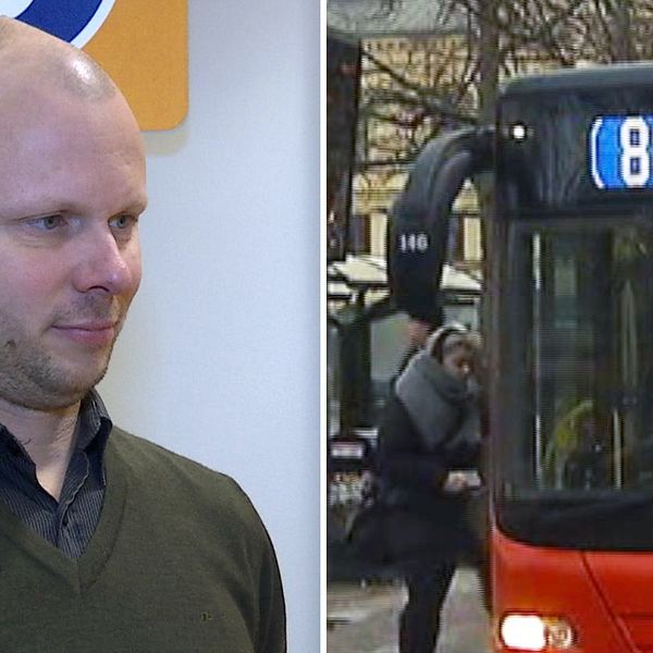 Montage. Man utan hår framför en busskylt inomhus. Buss vid hållplats. Ung kvinna med hörlurar går på.