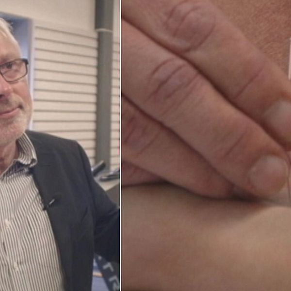 Mats Hammar, professor emeritus i gynekologi vid Linköpings universitet till vänster, bild på akupunkturnål till höger