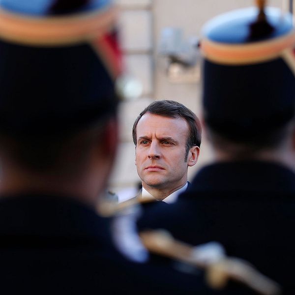 Frankrikes president Emmanuel Macron vid försvarshögskolan i Paris den 7 februari 2020.