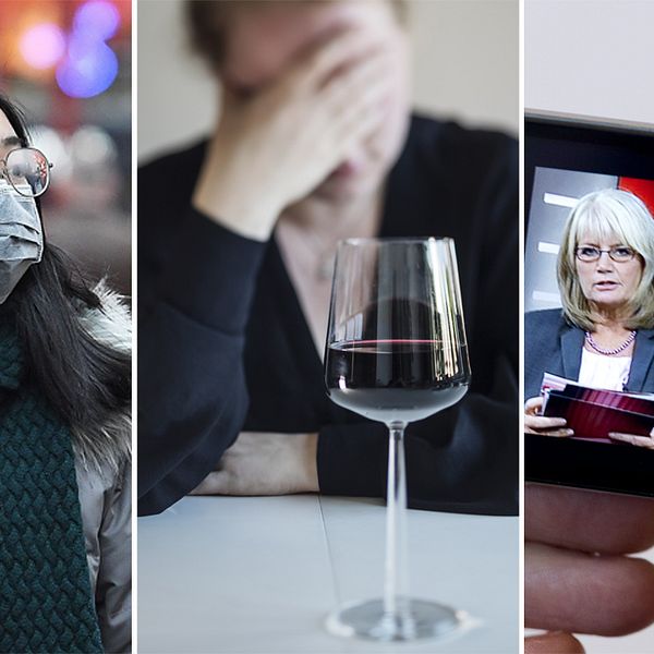 En kvinna med munskydd, en kvinna med ett glas vin och en bild från en Aktuellt-sändning.