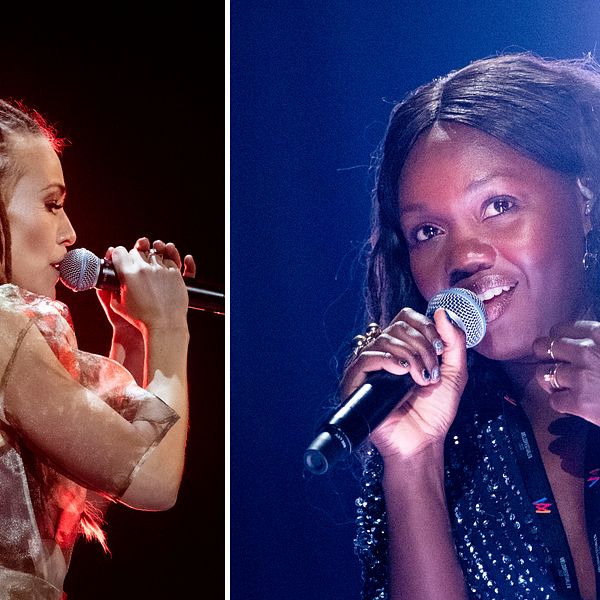 Faith Kakembo (t.h) väntas kunna hota förhandsfavoriter som Mariette (t.v) under Melodifestivalens deltävling i Luleå på lördag.