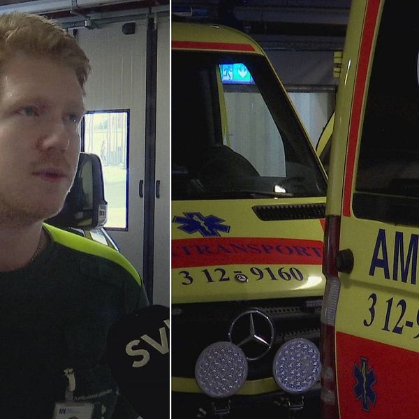 Tvådelad bild, ambulanssjuksköterska med kort blont hår till vänster, två ambulanser till höger.