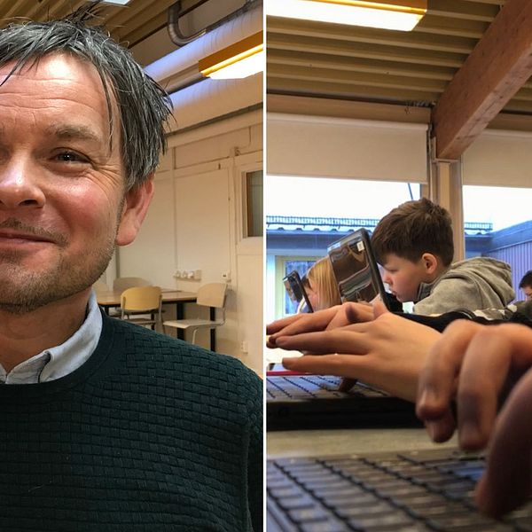 En porträttbild på en man, och en bild på skolelever i ett klassrum som arbetar med datorer.