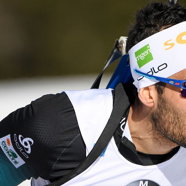Frankrikes Martin Fourcade under herrarnas stafett 4x7,5 km under skidskytte-VM i Antholz