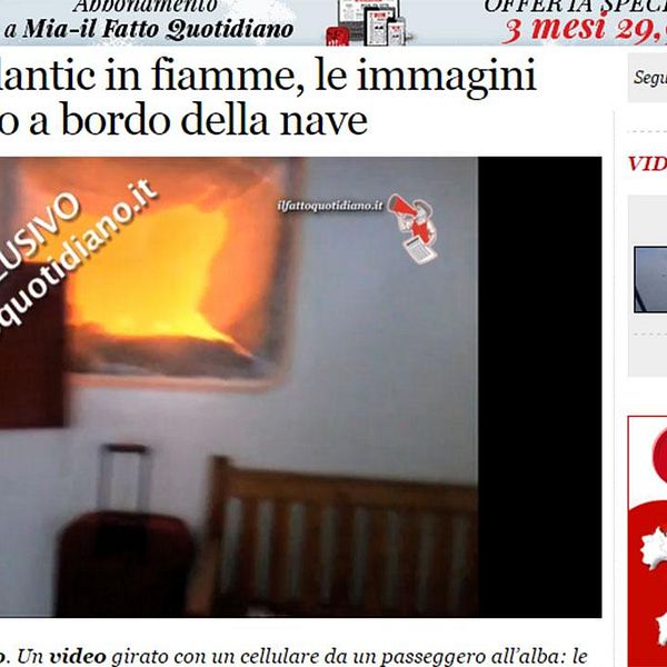 Den italienska tidningen il Fatto Quotidiano publicerar en mobilfilm tagen av en passagerare ombord på den brinnande färjan.