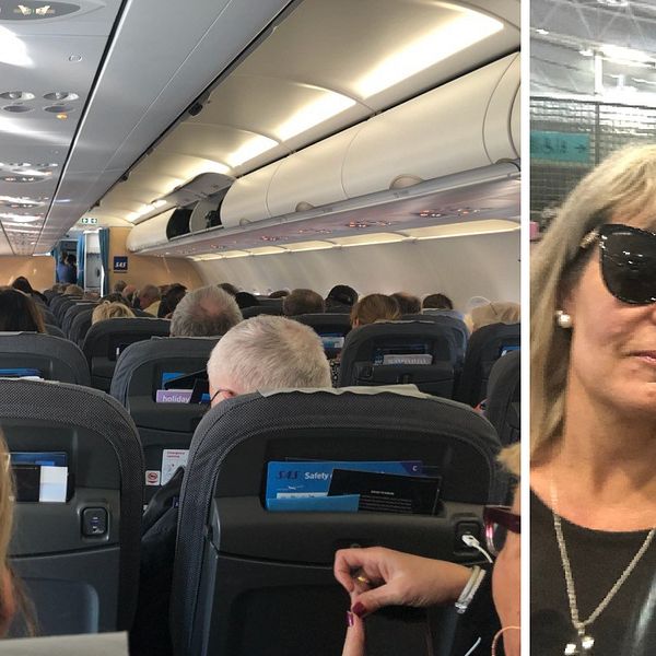 Susanne Mörk och hennes vän Malin Öjerhed på flyget som ska ta dem tillbaka till Göteborg.