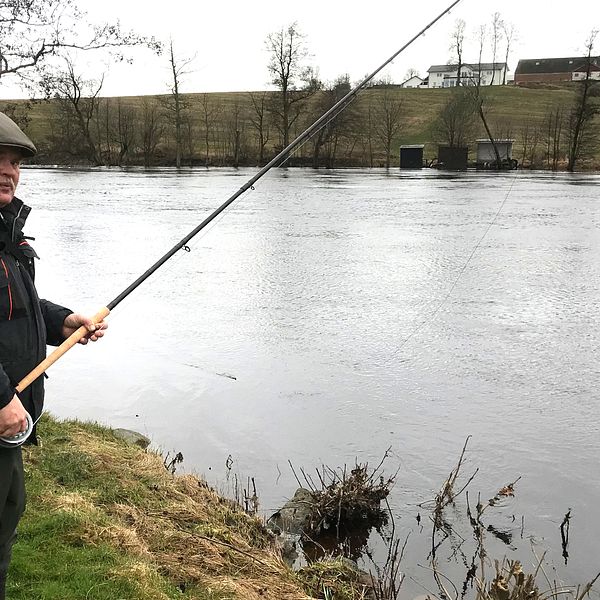 Michael Grevholm från Veinge har fiskat i Lagan sedan 70-talet. Han menar att vattennivån aldrig varit så hög som den är nu.