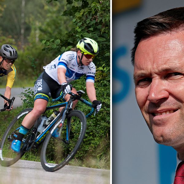 Vänster: Världscuptävling i Vårgårda i augusti. Höger: David Lappartient som är ordförande i Internationella cykelförbundet.