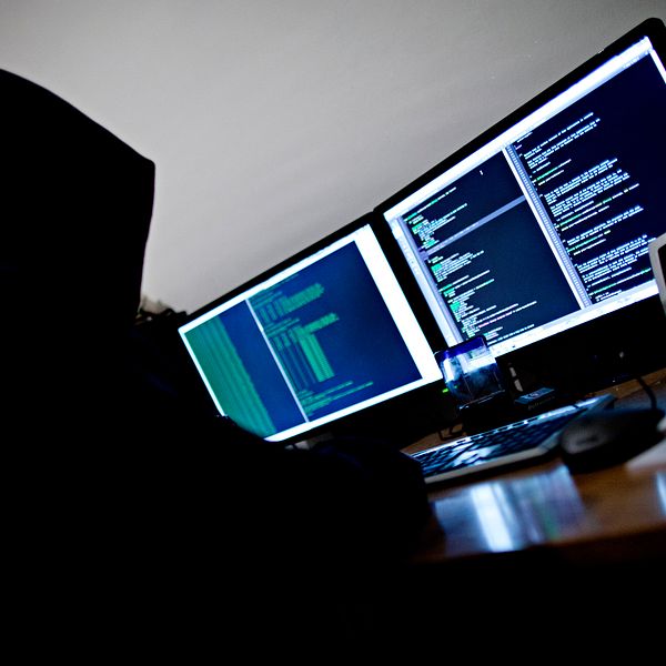 En mörk skugga sitter vid en dator.