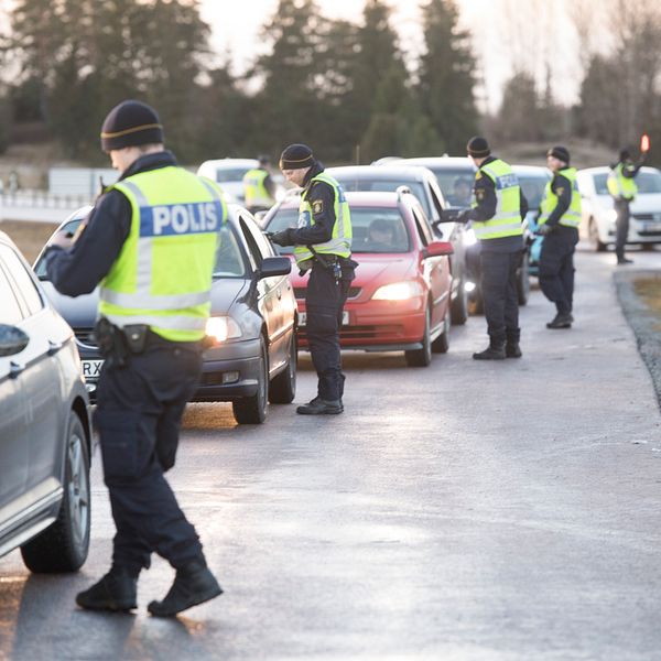 Flera poliser genomför nykterhetskontroller på förare i bilar som står i kö.