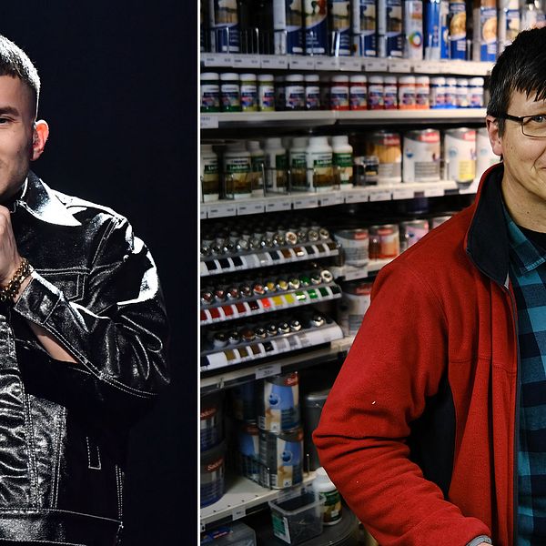 Till vänster artisten Paul Rey och till höger hans pappa Matti Jokela i sin järnhandel i Malmö.