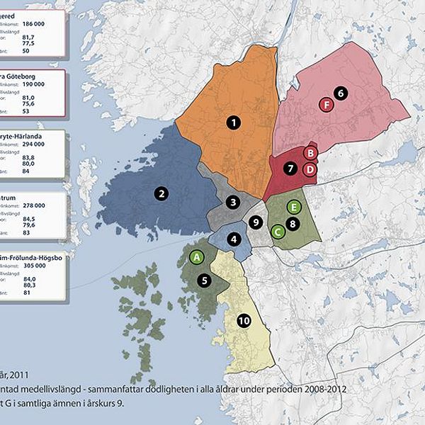 Kartan visar medelinomst, medellivslängd och skolresultat för Göteborgs stadsdelar.
