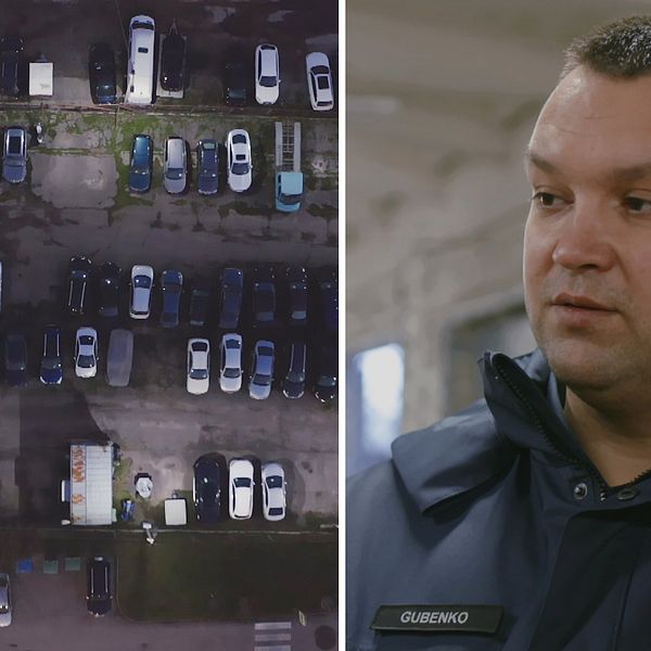Till vänster: bilmarknad. Till höger polisen Aleksej Gubenko.