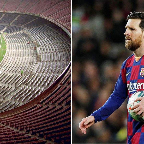 Lionel Messi får se tomma läktare på Camp Nou.