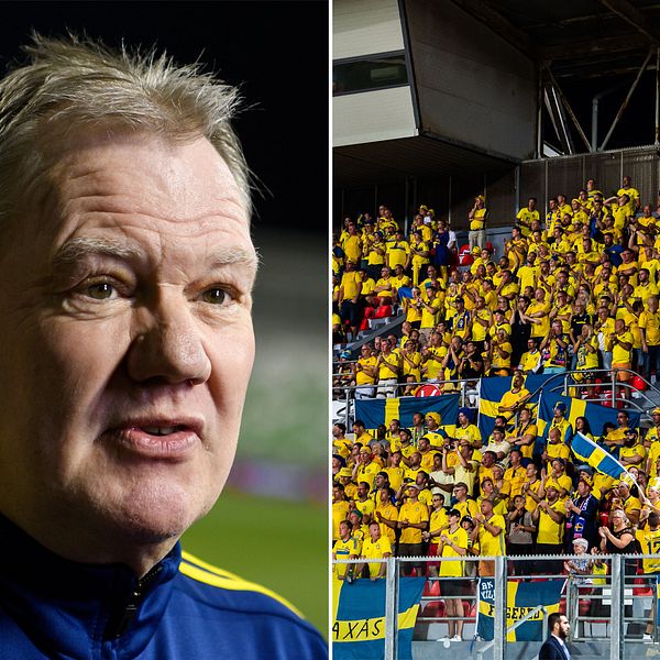 Karl-Erik Nilsson till vänster. Svenska fans till höger.