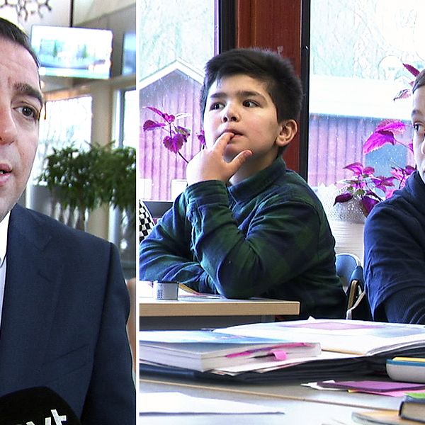 Liberalernas skolpolitiske talesperson Roger Haddad och skolelever