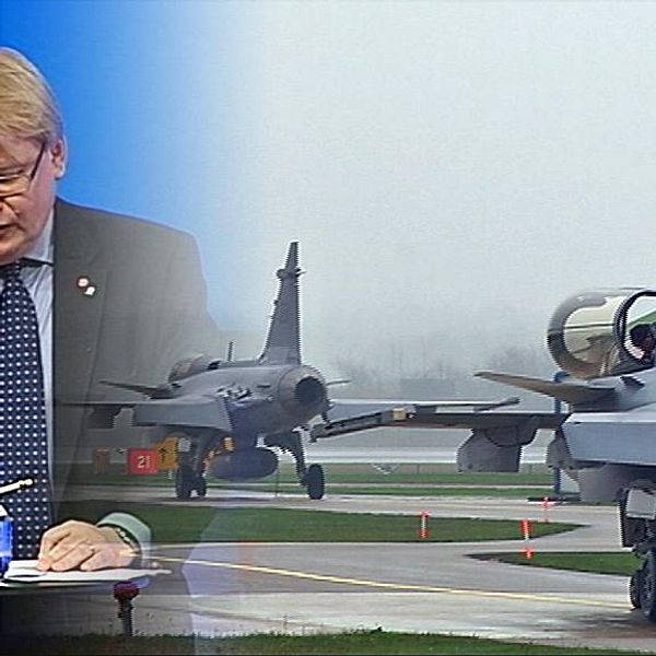 Försvarsminister Peter Hultqvist inklippt bredvid ett Jasflygplan.