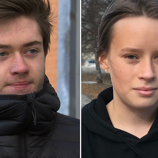 Splitbild. Vänster bildhalva: Närbild på eleven Gustav Hallén. Höger bildhalva: Närbild på eleven Elsa Grubb.